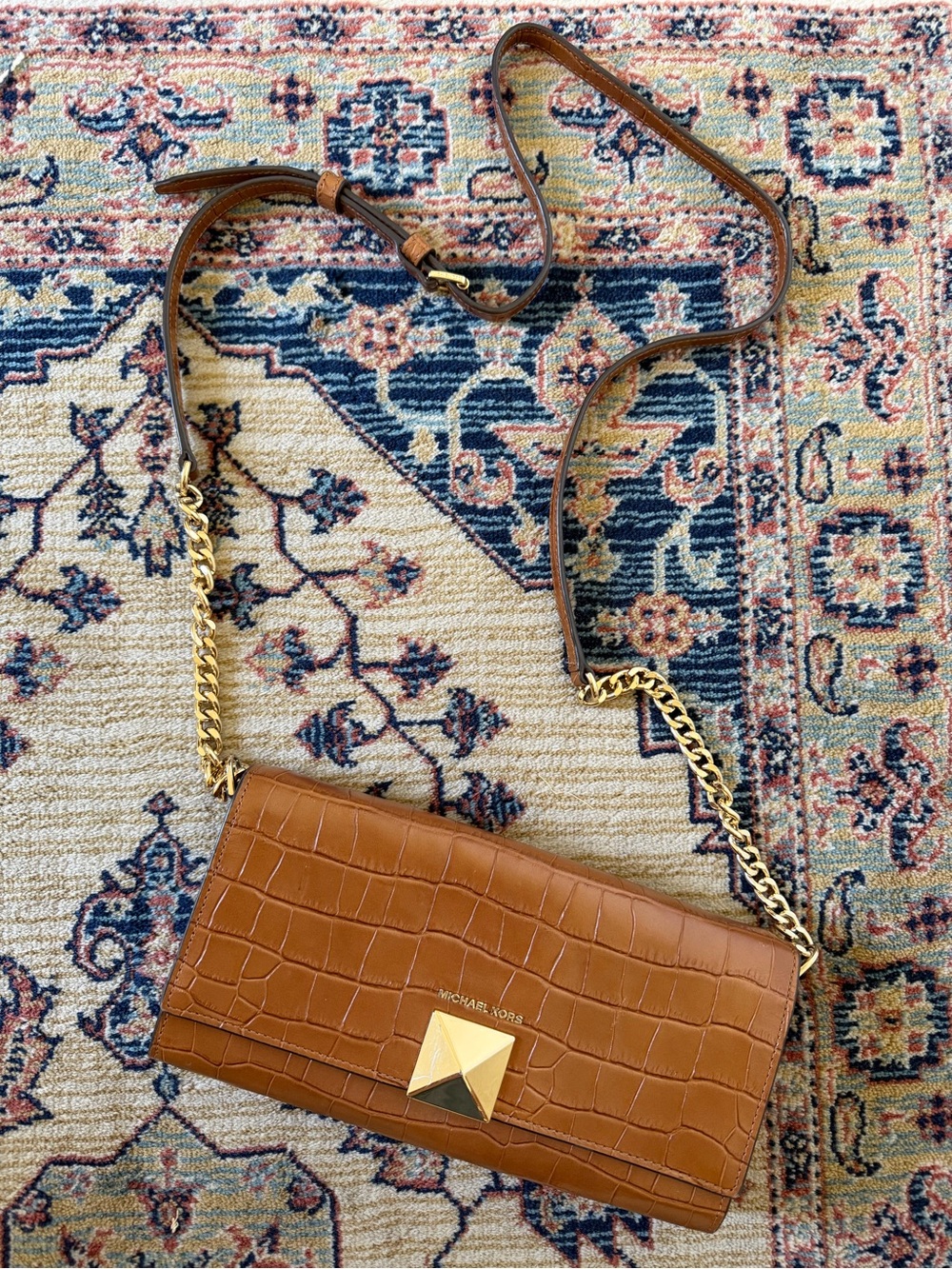 Michael Kors Tan Croc-Embossed Leather Chain Crossbody with Gold Hardware